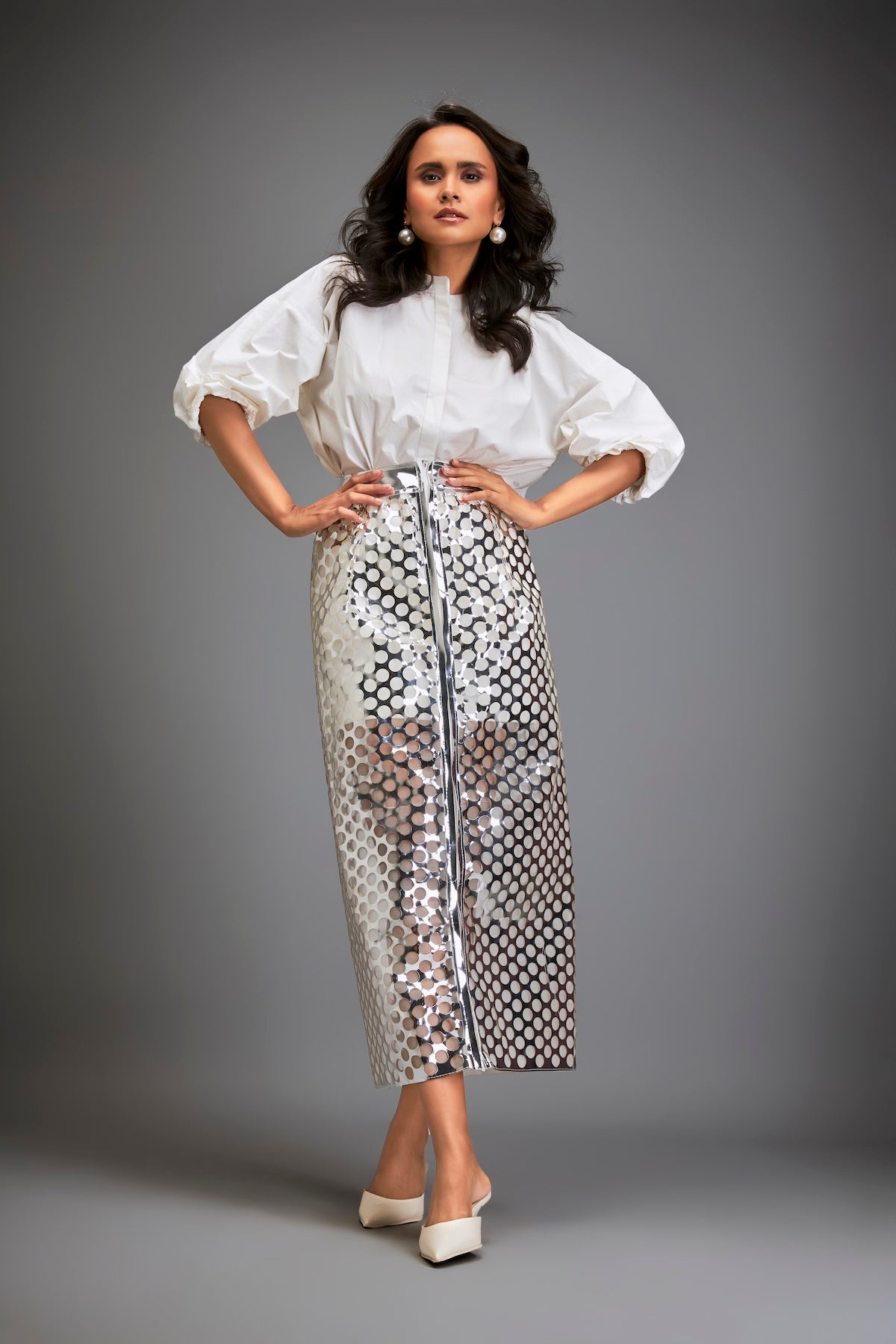 Metallic Silver Skirt With Geometric Cutout Detailing