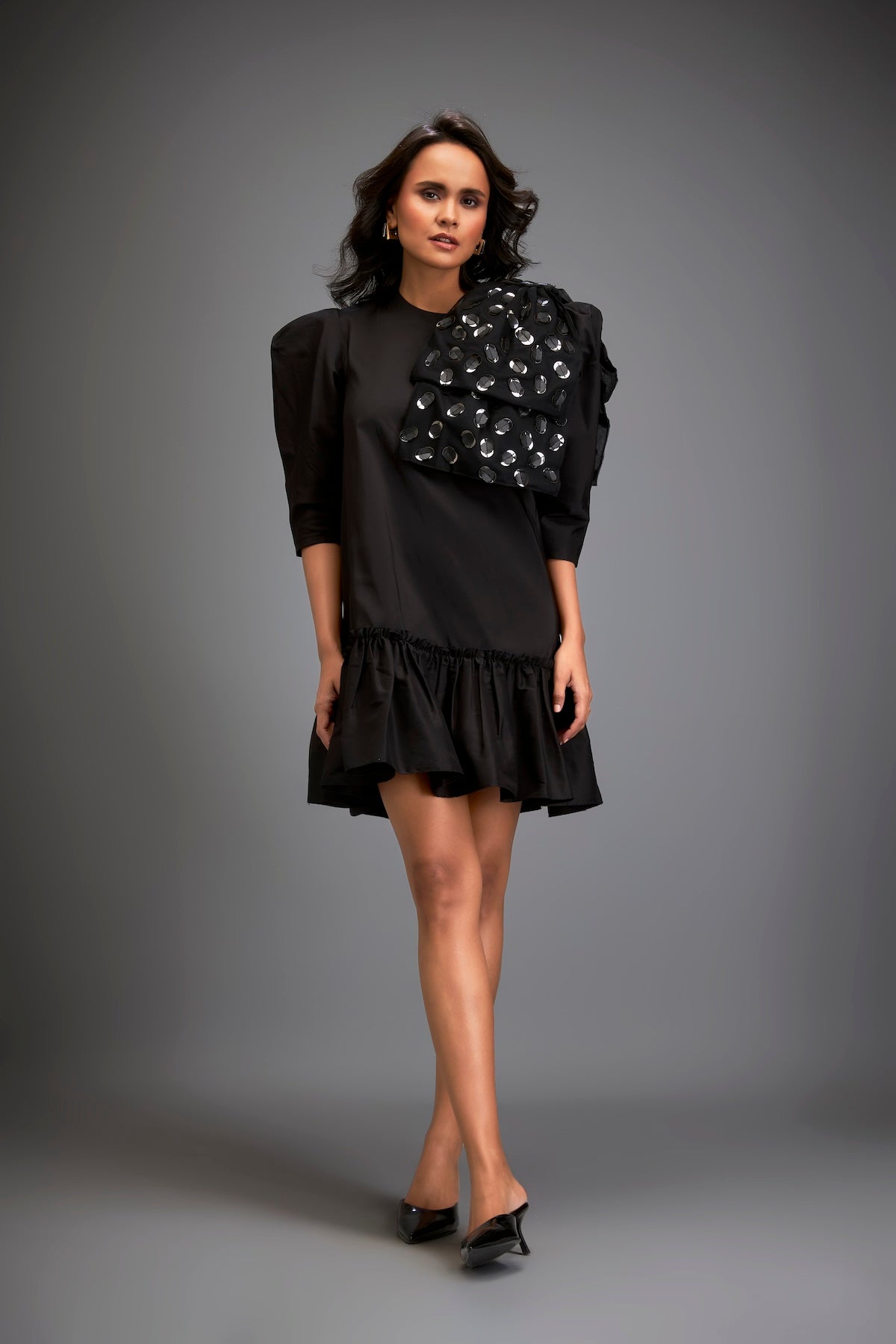 Mini Dress With Ruffled Hem And Metallic Appliqué Shoulder Detailing