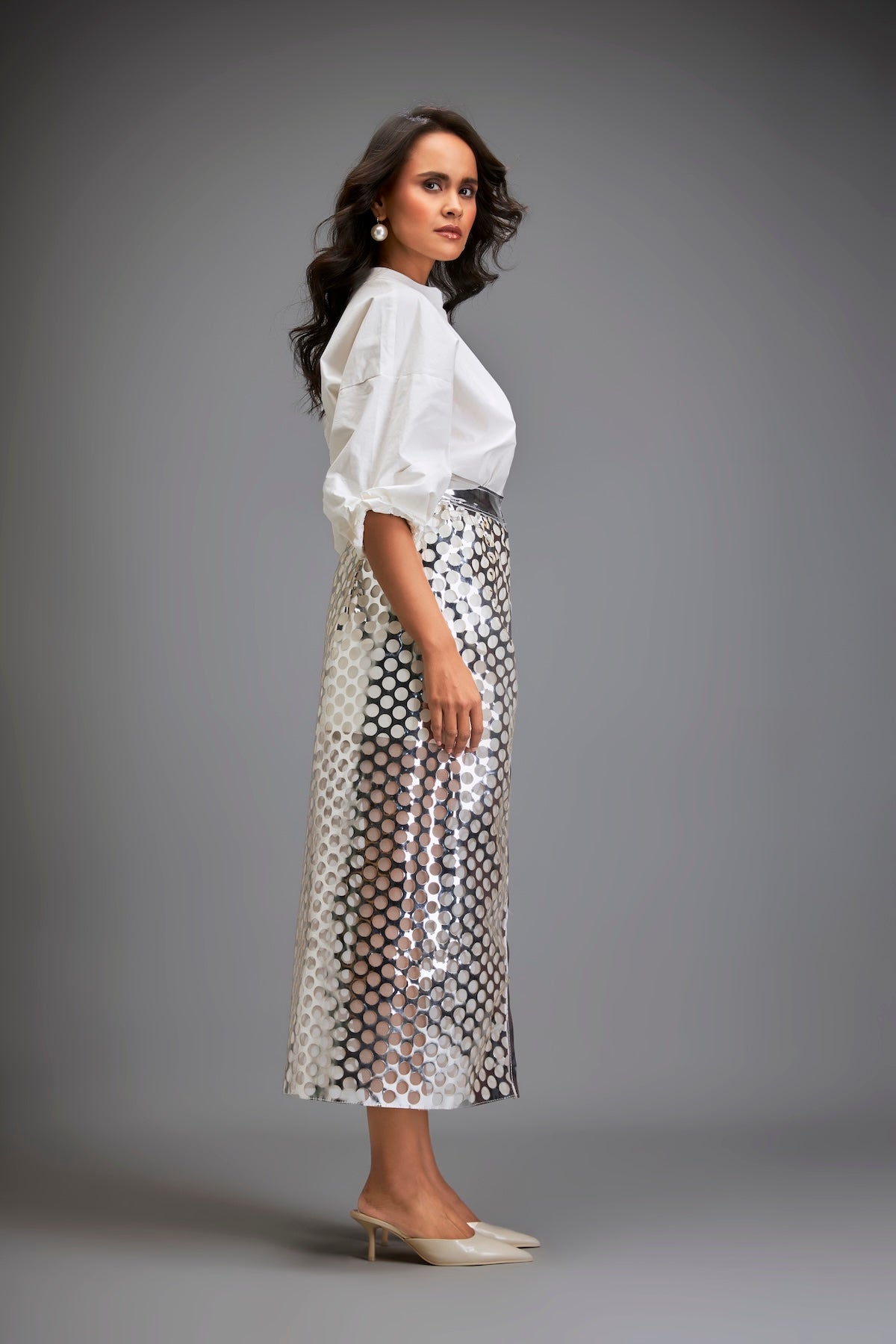 Metallic Silver Skirt With Geometric Cutout Detailing