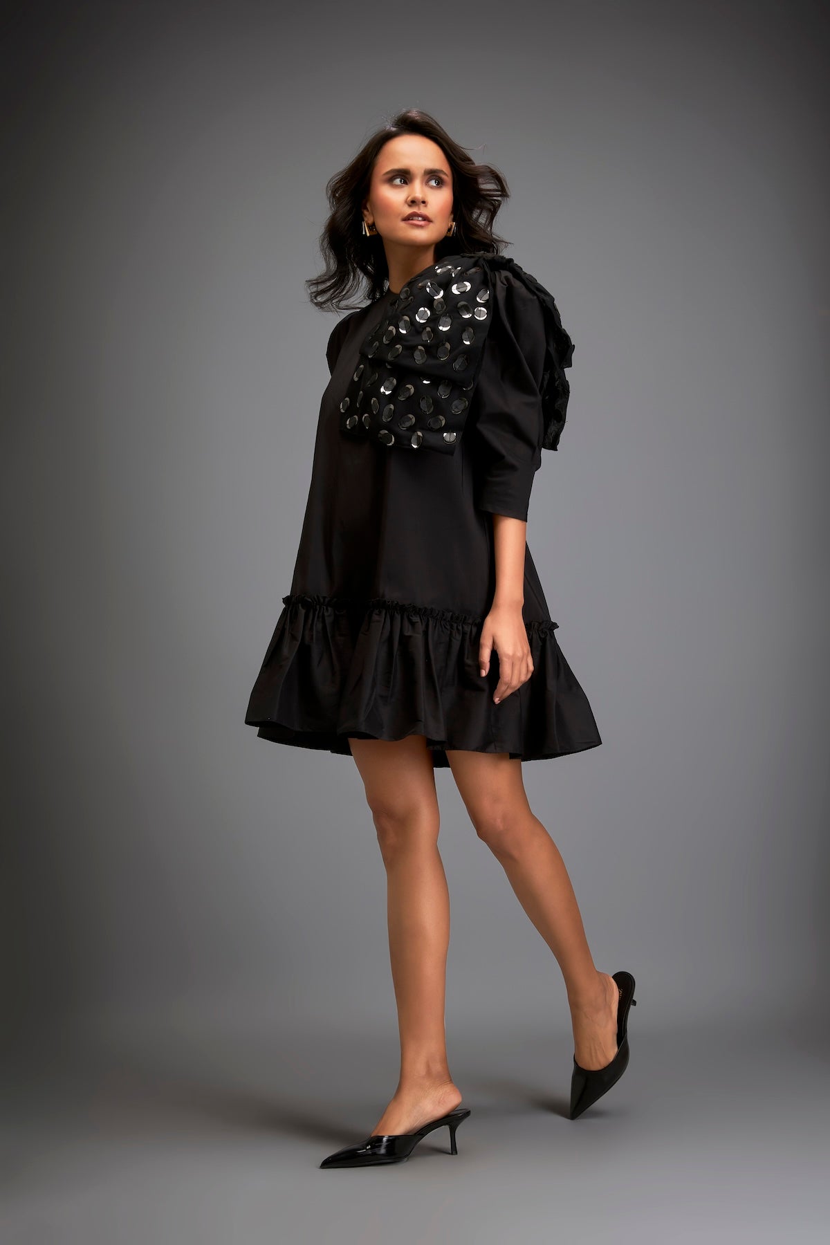 Mini Dress With Ruffled Hem And Metallic Appliqué Shoulder Detailing