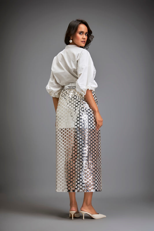 Metallic Silver Skirt With Geometric Cutout Detailing