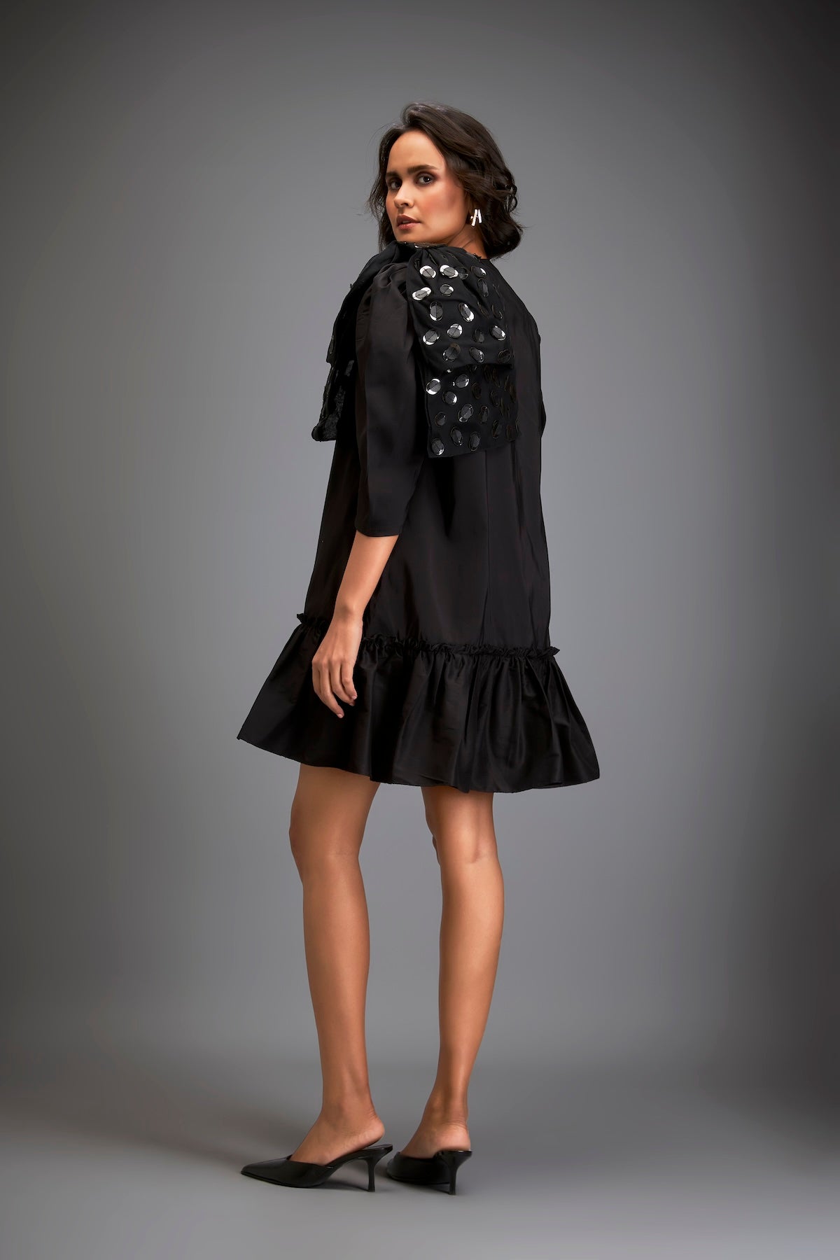 Mini Dress With Ruffled Hem And Metallic Appliqué Shoulder Detailing