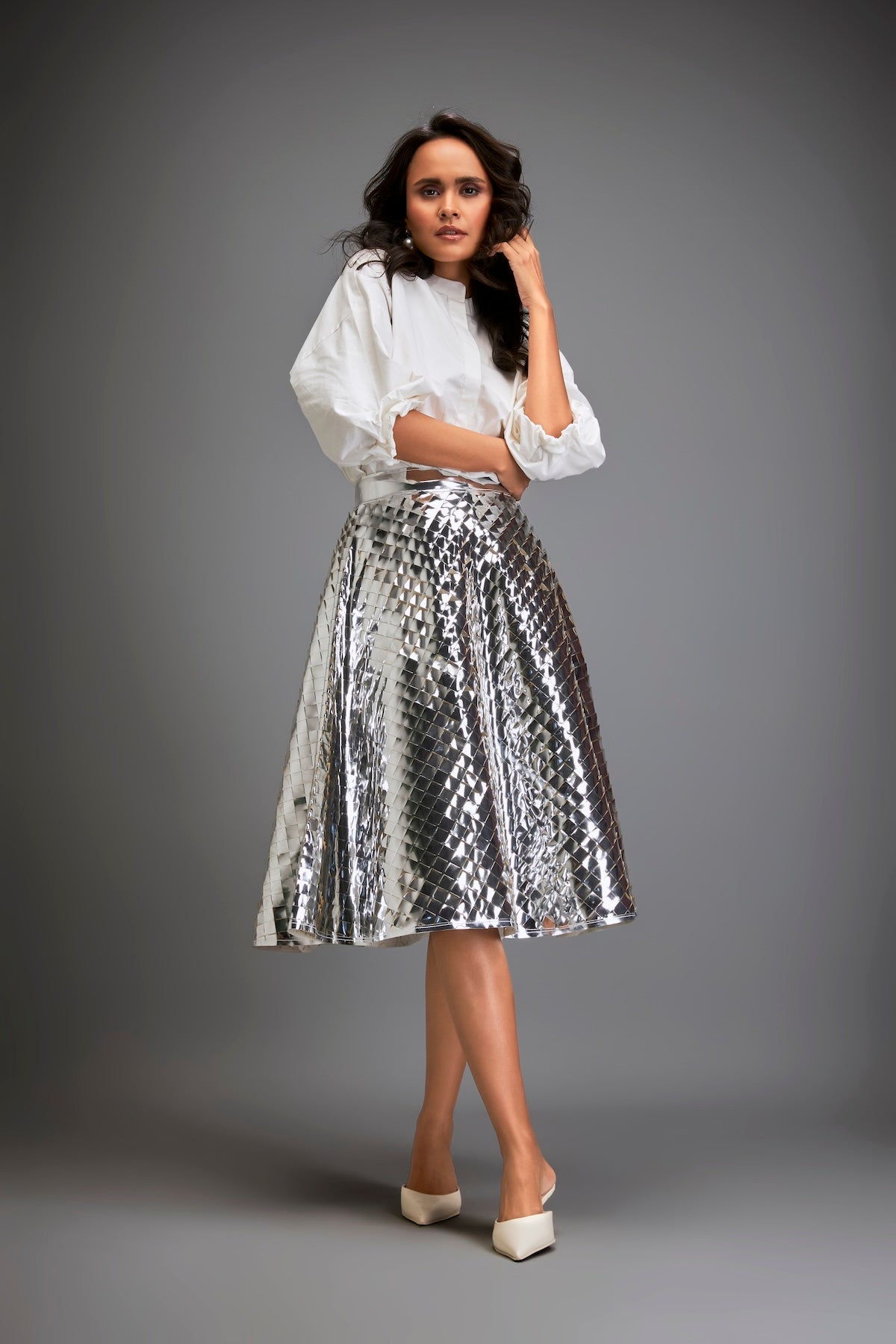 Silver Coloured Metallic 3-D Textured A-line Skirt