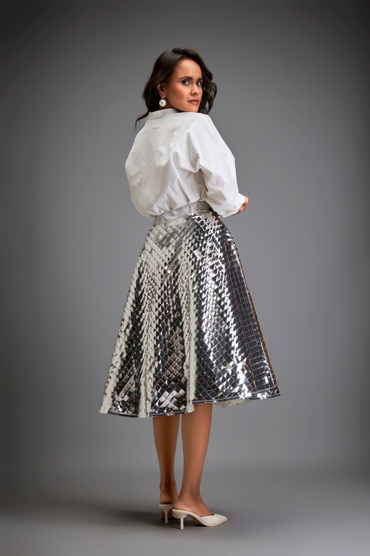 Silver Coloured Metallic 3-D Textured A-line Skirt