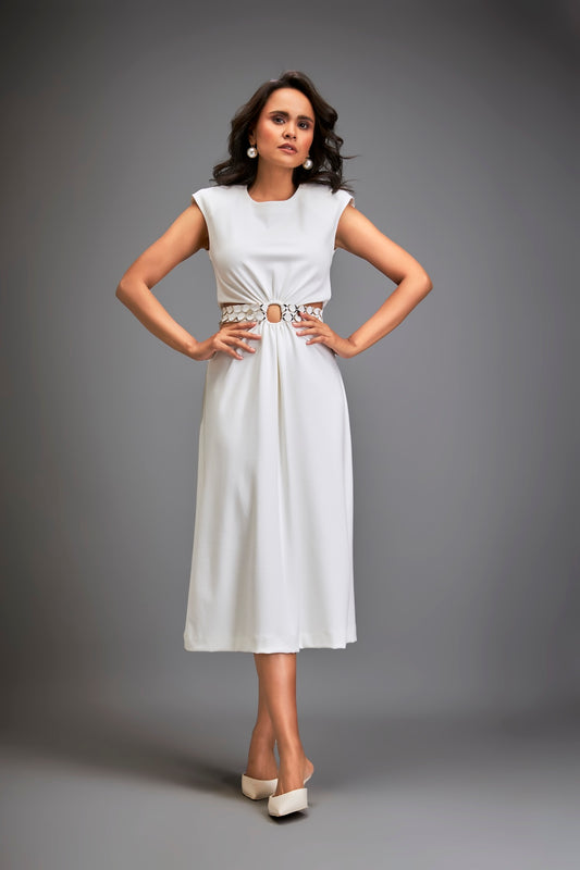 Sleek Waist Cut Out Dress Metallic Silver Belt