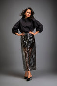 Load image into Gallery viewer, Metallic Gun Metal Skirt With Geometric Cutout Detailing
