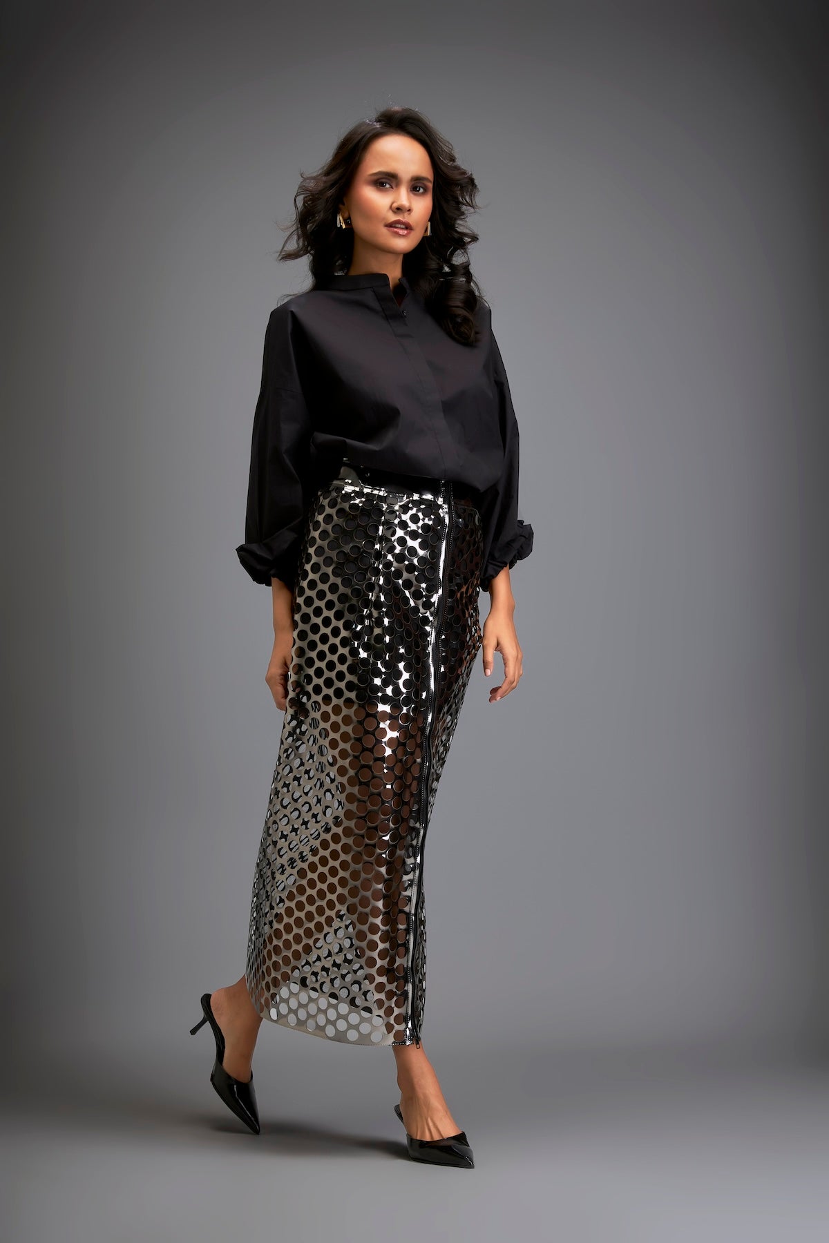 Metallic Gun Metal Skirt With Geometric Cutout Detailing