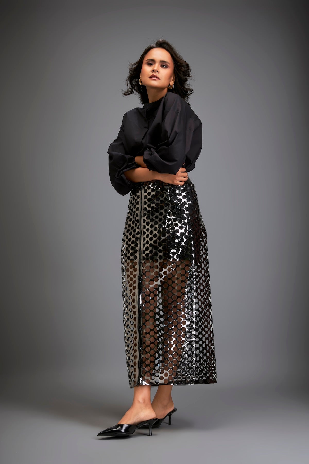 Metallic Gun Metal Skirt With Geometric Cutout Detailing