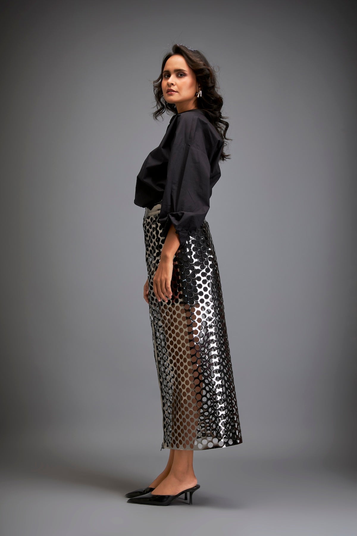 Metallic Gun Metal Skirt With Geometric Cutout Detailing