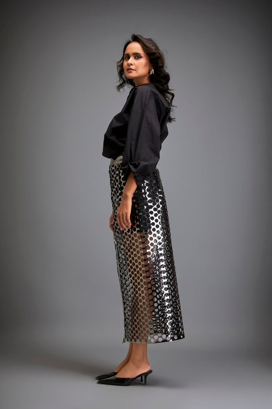 Metallic Gun Metal Skirt With Geometric Cutout Detailing