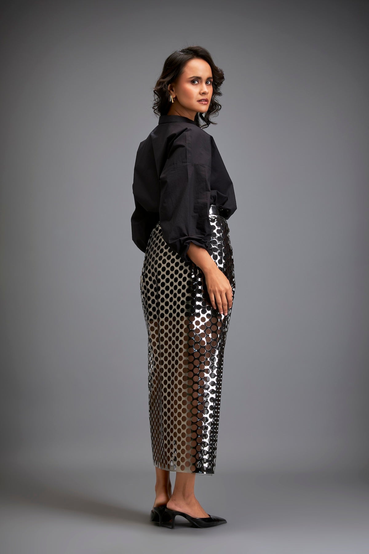 Metallic Gun Metal Skirt With Geometric Cutout Detailing