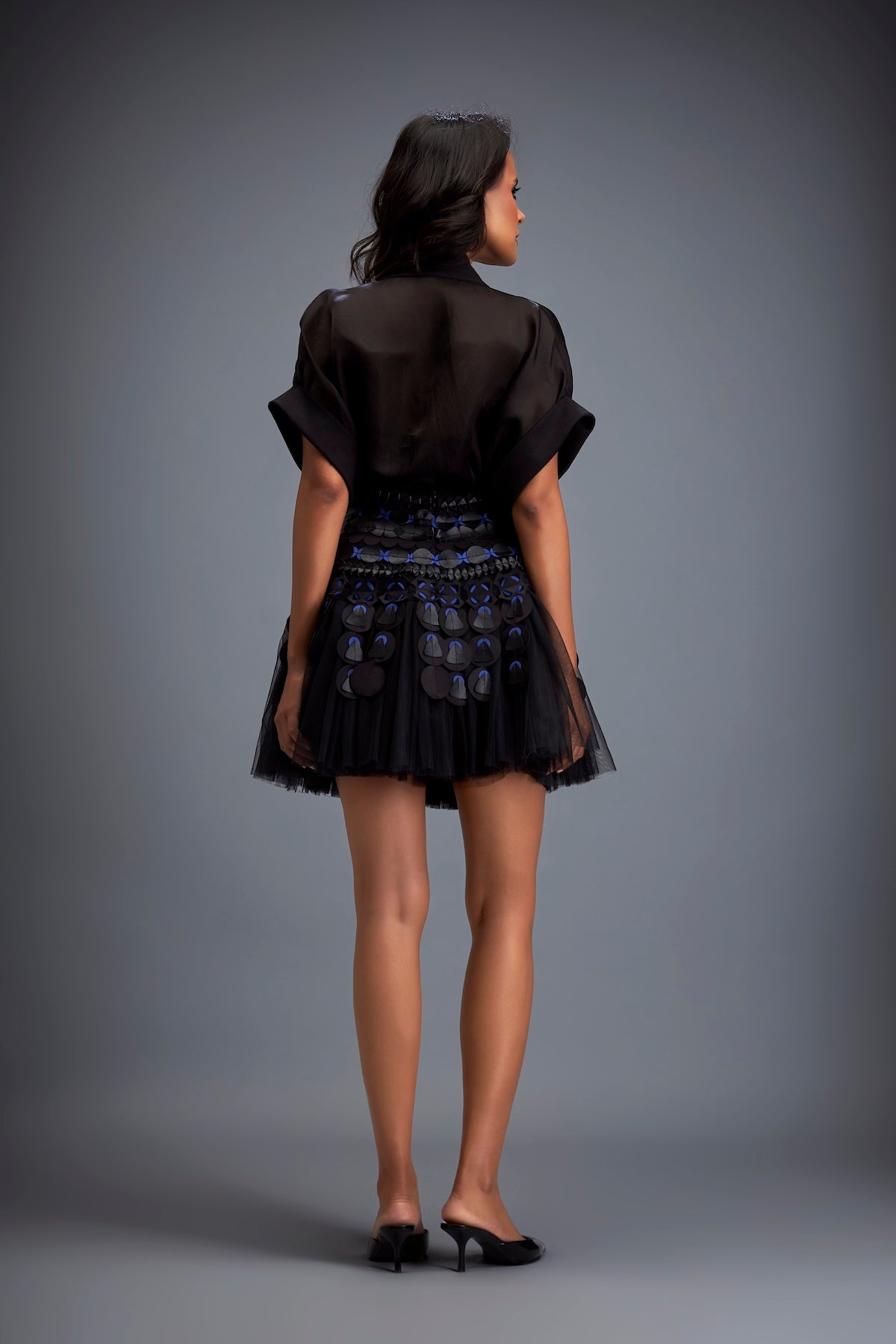 Sheer Sleeve Top With High Waist Mini Skirt