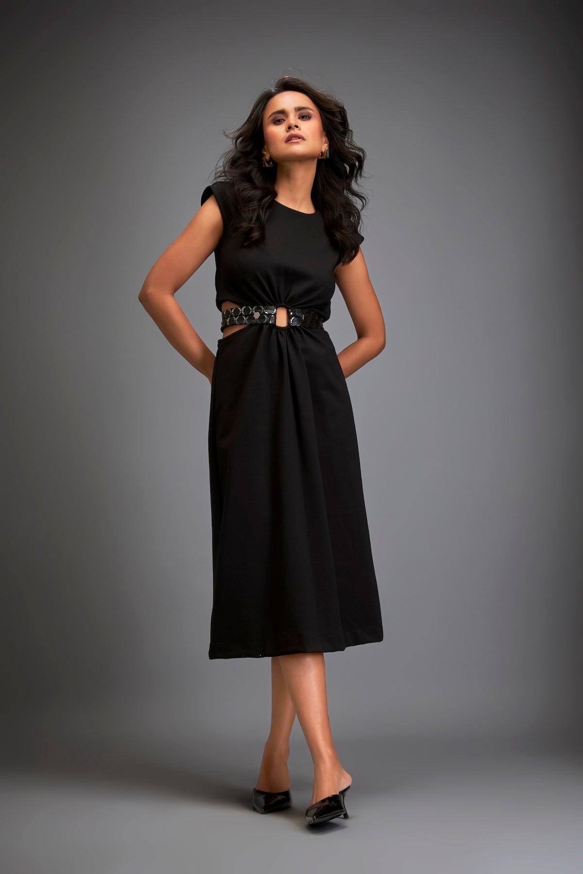 Sleek Waist Cut Out Dress Metallic Gun Metal Belt – Deepika Arora