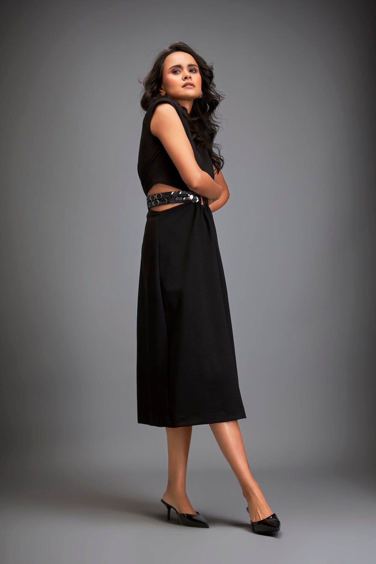 Sleek Waist Cut Out Dress Metallic Gun Metal Belt