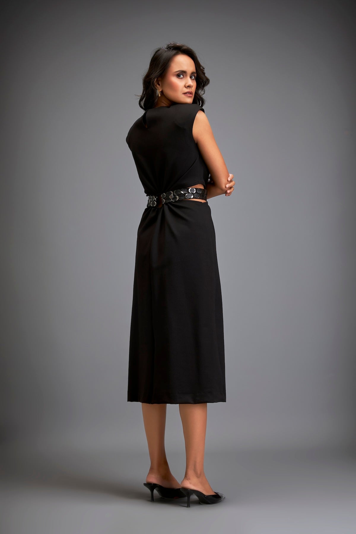 Sleek Waist Cut Out Dress Metallic Gun Metal Belt