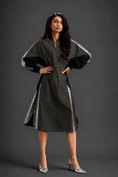 Load image into Gallery viewer, Statement Colourblock Midi Dress In Dark Green With Contrast Metallic Silver Side Panels And Balloon Sleeves
