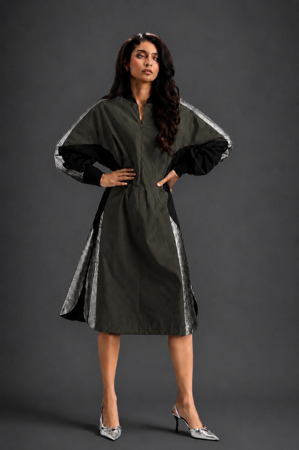 Statement Colourblock Midi Dress In Dark Green With Contrast Metallic Silver Side Panels And Balloon Sleeves