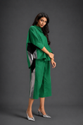 Load image into Gallery viewer, Relaxed Parrot Green Co-ord With Loose-fit Dramatic-sleeve Shirt And Wide-leg Pants With Metallic Side Panels.
