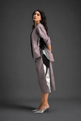 Load image into Gallery viewer, Relaxed Ash Pink Co-ord With Loose-fit Dramatic-sleeve Shirt And Wide-leg Pants With Metallic Side Panels.
