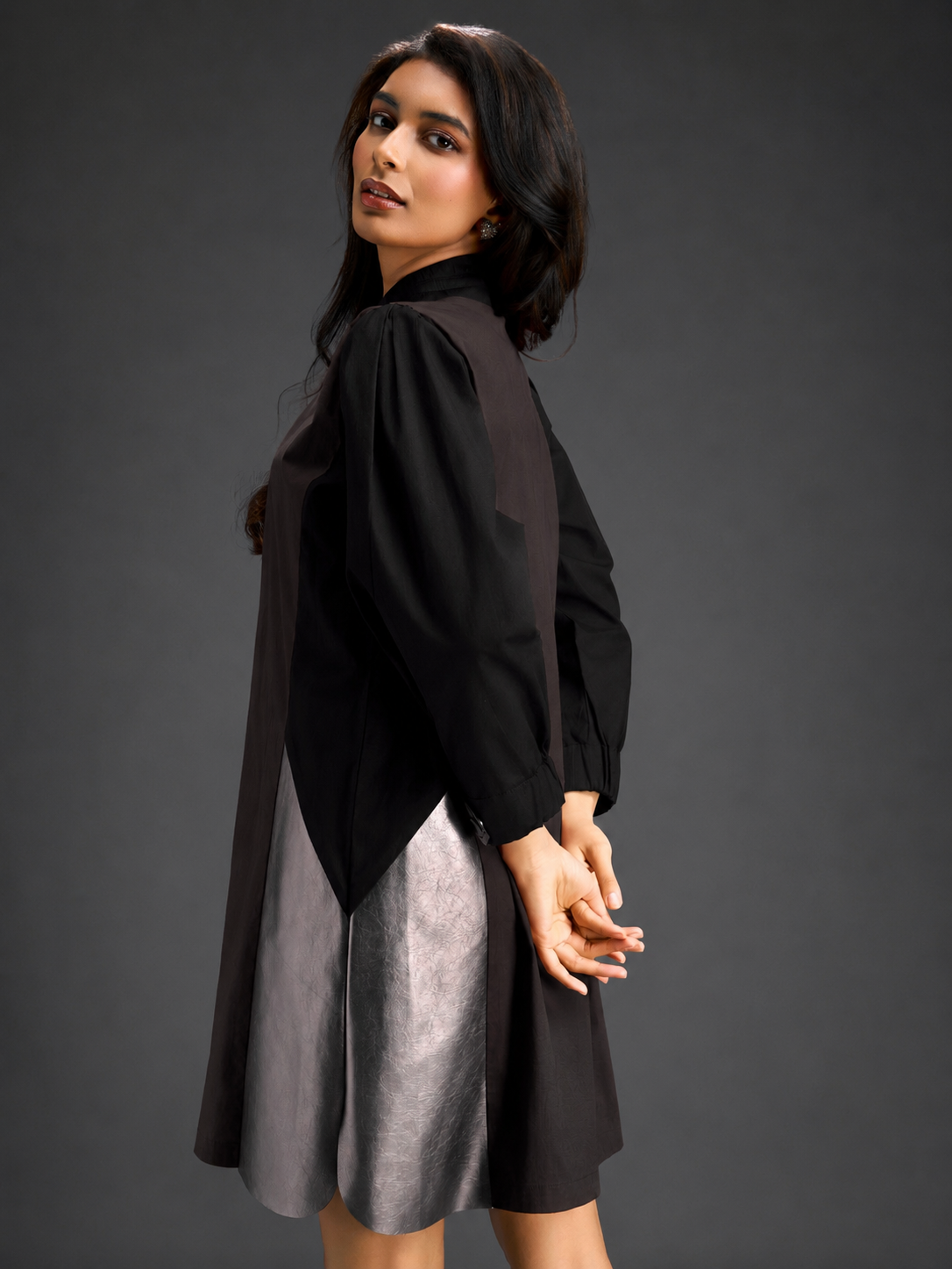 Colourblock Tunic Dress In Dark Brown And Black With Metallic Silver Side Panels