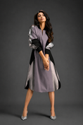 Load image into Gallery viewer, Statement Colourblock Midi Dress In Ash Pink With Contrast Metallic Silver Side Panels And Balloon Sleeves
