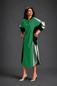 Load image into Gallery viewer, Statement Colourblock Midi Dress In Parrot Green With Contrast Metallic Silver Side Panels And Balloon Sleeves
