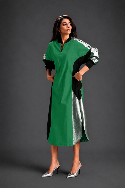 Statement Colourblock Midi Dress In Parrot Green With Contrast Metallic Silver Side Panels And Balloon Sleeves