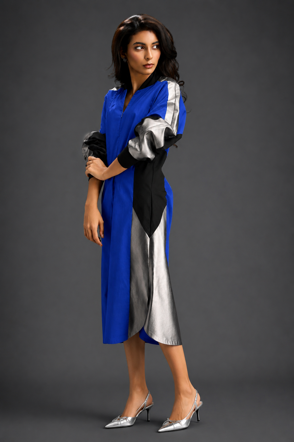 Statement Colourblock Midi Dress In Blue With Contrast Metallic Silver Side Panels And Balloon Sleeves