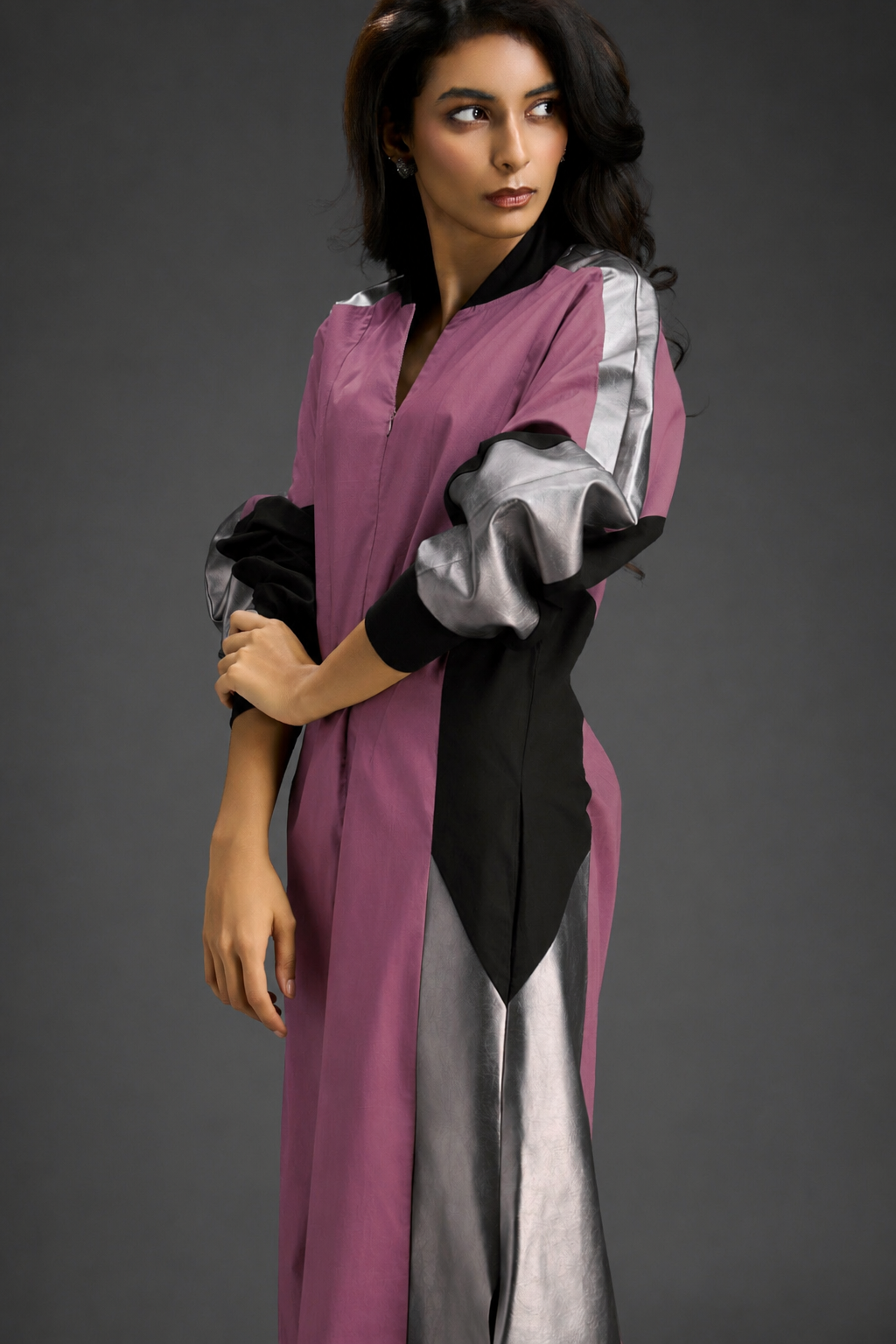 Statement Colourblock Midi Dress In Pink With Contrast Metallic Silver Side Panels And Balloon Sleeves