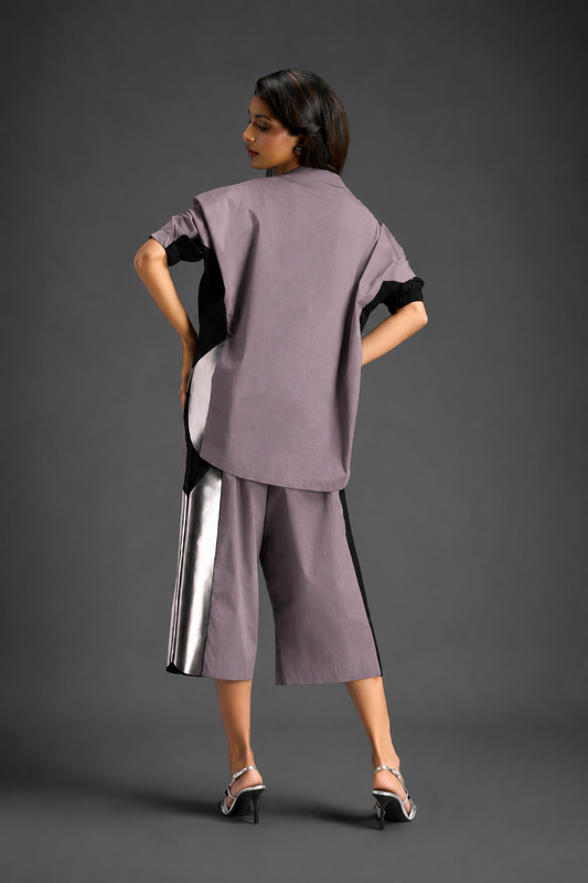 Relaxed Ash Pink Co-ord With Loose-fit Dramatic-sleeve Shirt And Wide-leg Pants With Metallic Side Panels.