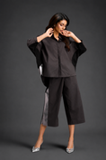 Load image into Gallery viewer, Relaxed Dark Brown Co-ord With Loose-fit Dramatic-sleeve Shirt And Wide-leg Pants With Metallic Side Panels.
