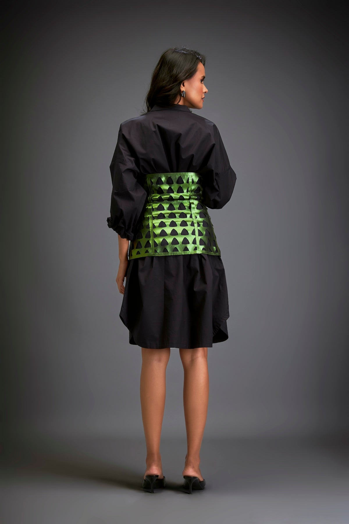 Shirtdress With Metallic Corset And Geometric Cutout Detailing