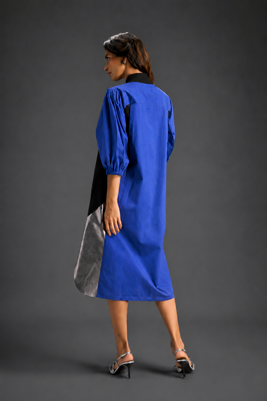 Blue Shirt Dress With Black Panels And Metallic Side Detailing