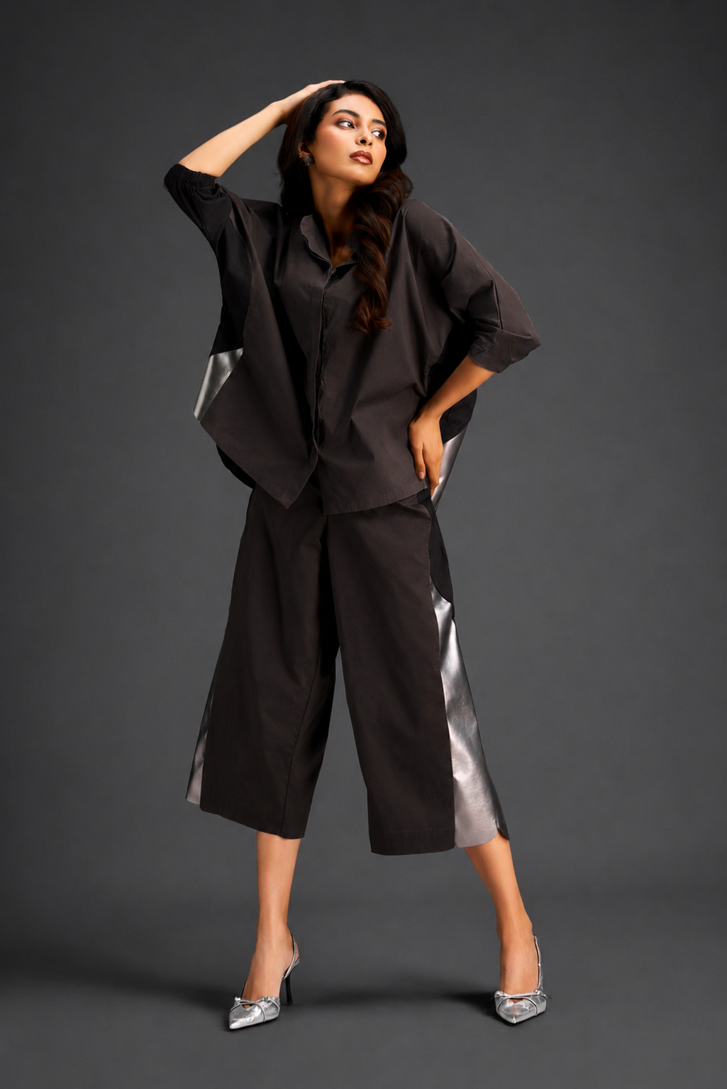 Relaxed Dark Brown Co-ord With Loose-fit Dramatic-sleeve Shirt And Wide-leg Pants With Metallic Side Panels.