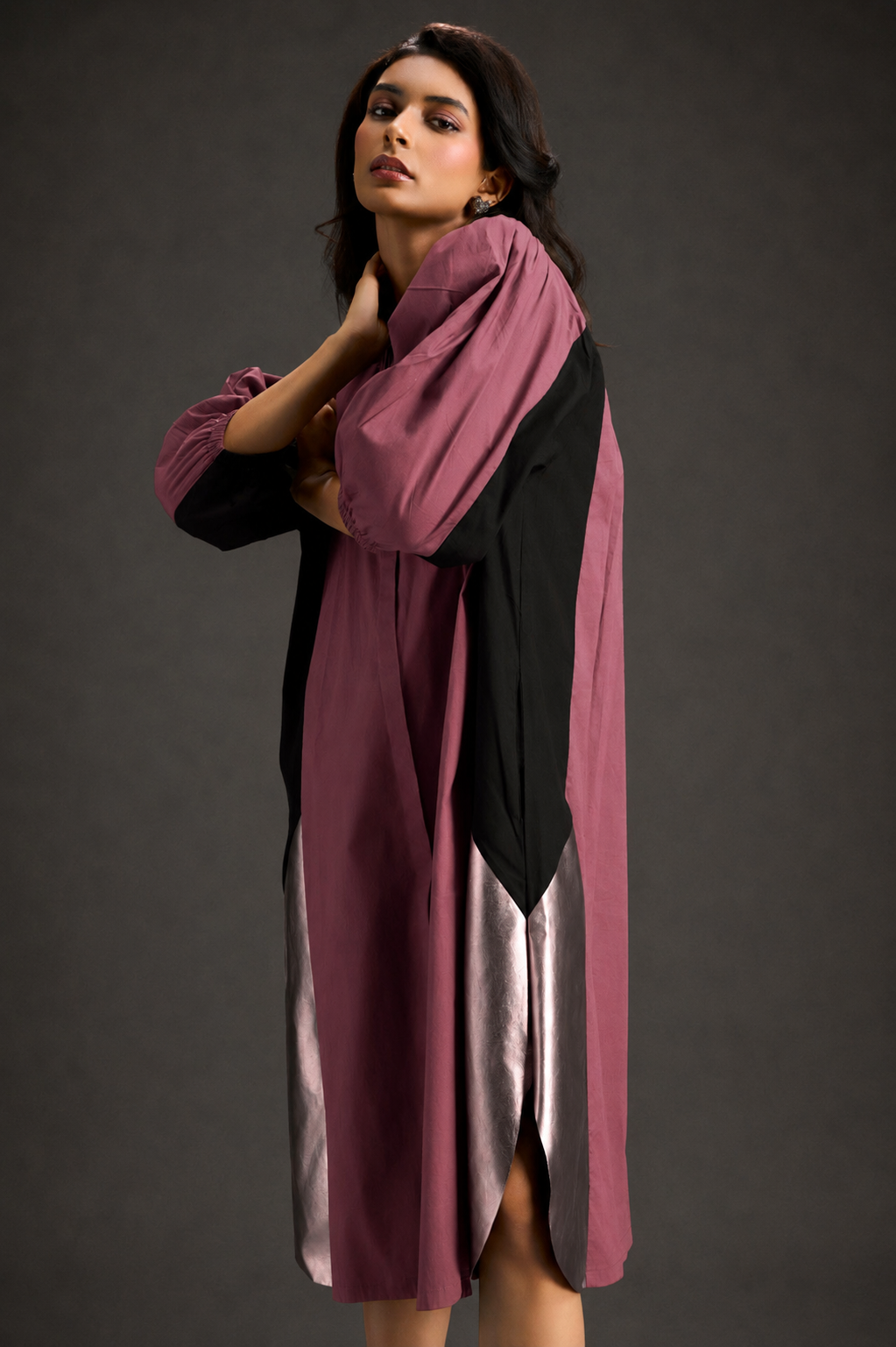 Pink Shirt Dress With Black Panels And Metallic Side Detailing