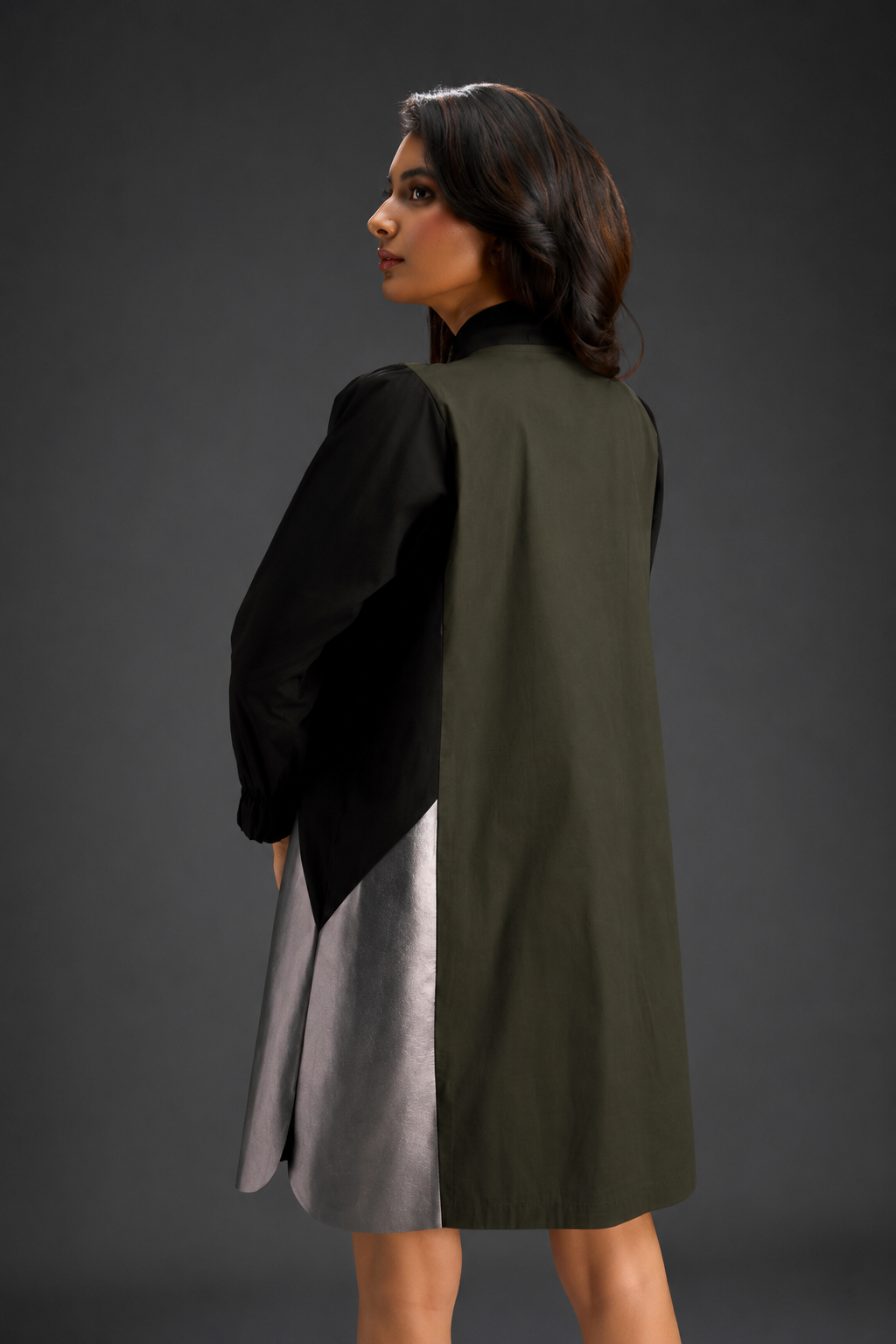 Colourblock Tunic Dress In Dark Green And Black With Metallic Silver Side Panels