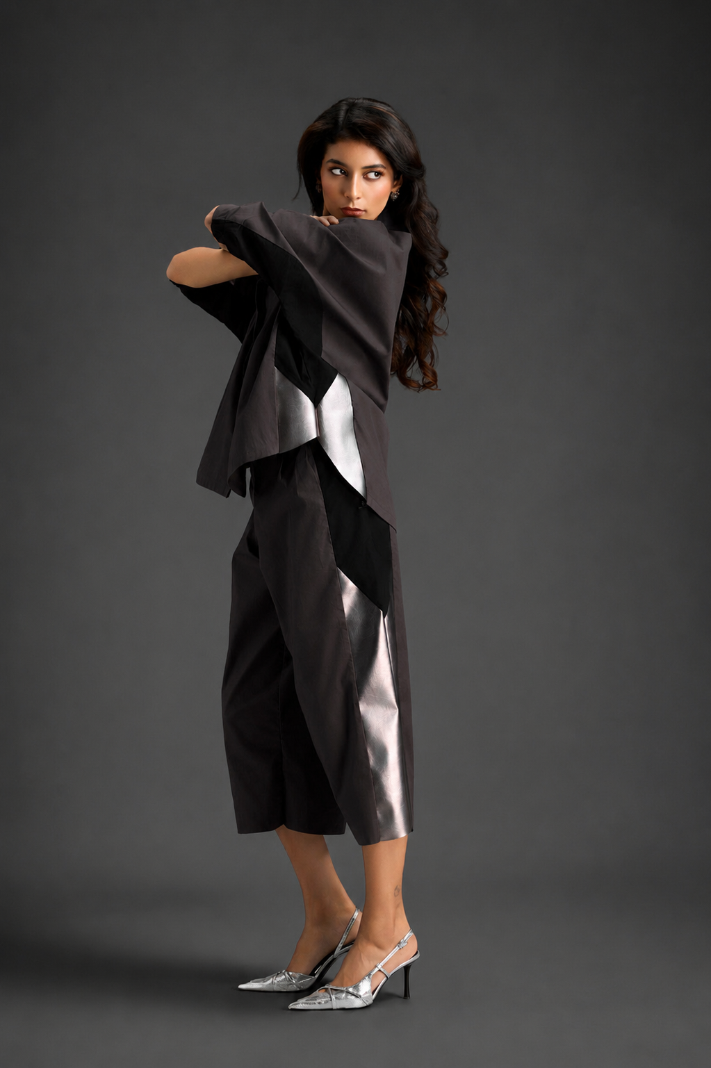 Relaxed Dark Brown Co-ord With Loose-fit Dramatic-sleeve Shirt And Wide-leg Pants With Metallic Side Panels.
