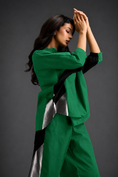 Load image into Gallery viewer, Relaxed Parrot Green Co-ord With Loose-fit Dramatic-sleeve Shirt And Wide-leg Pants With Metallic Side Panels.
