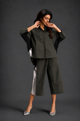 Load image into Gallery viewer, Relaxed Dark Green Co-ord With Loose-fit Dramatic-sleeve Shirt And Wide-leg Pants With Metallic Side Panels.
