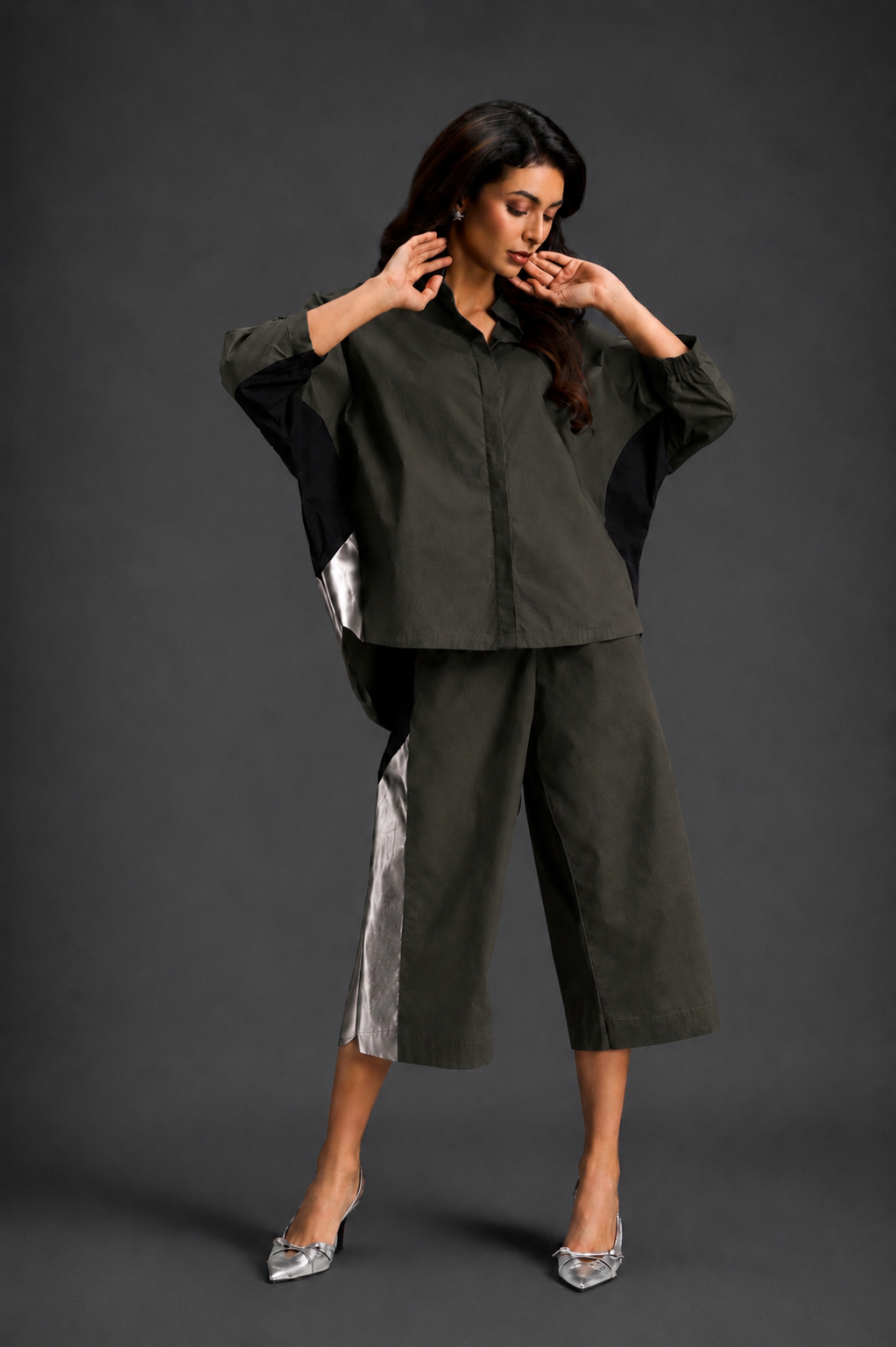 Relaxed Dark Green Co-ord With Loose-fit Dramatic-sleeve Shirt And Wide-leg Pants With Metallic Side Panels.