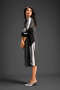 Load image into Gallery viewer, Statement Colourblock Midi Dress In Warm Grey With Contrast Metallic Silver Side Panels And Balloon Sleeves
