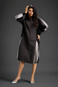 Load image into Gallery viewer, Statement Colourblock Midi Dress In Dark Brown With Contrast Metallic Silver Side Panels And Balloon Sleeves

