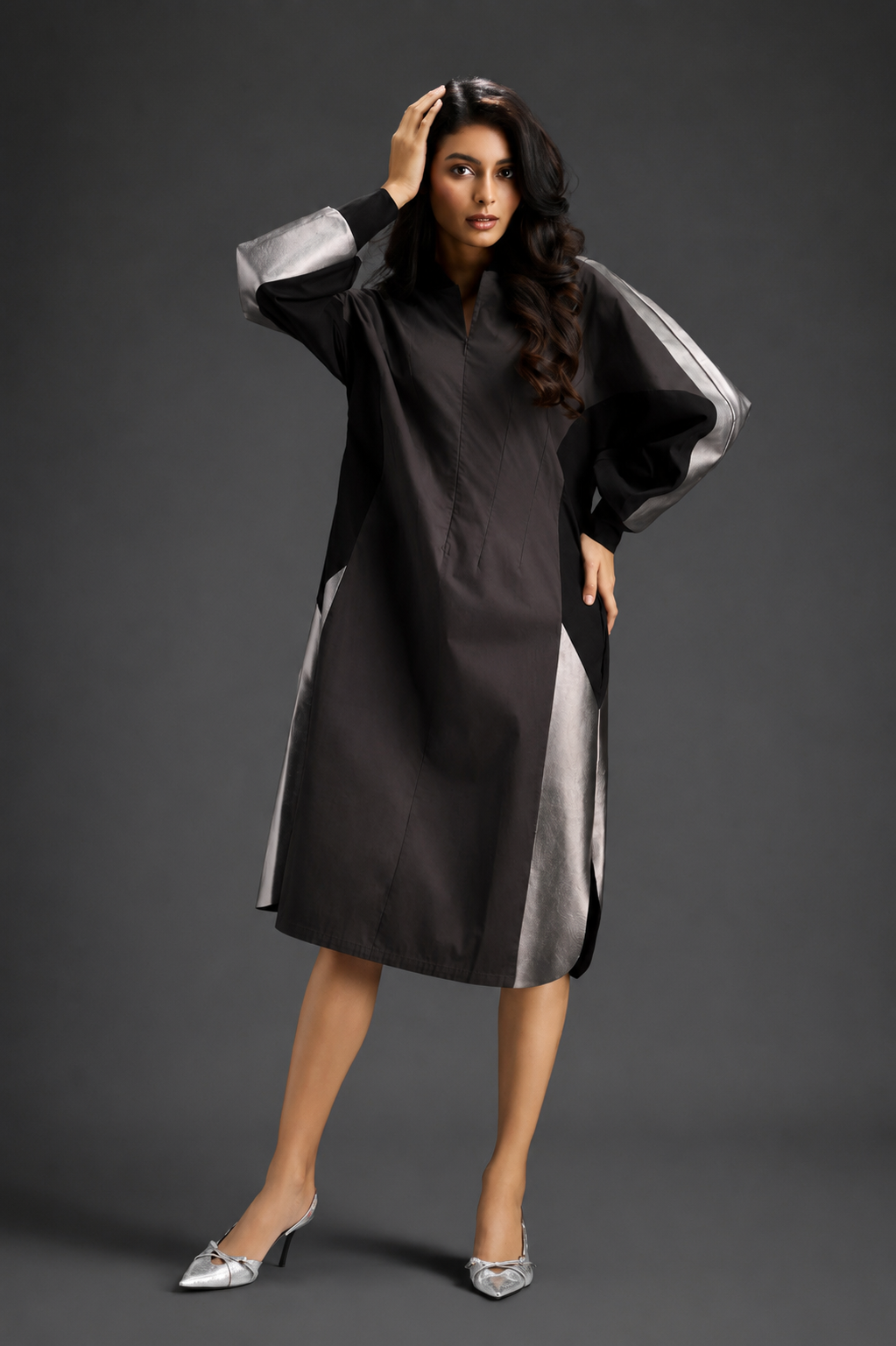 Statement Colourblock Midi Dress In Dark Brown With Contrast Metallic Silver Side Panels And Balloon Sleeves