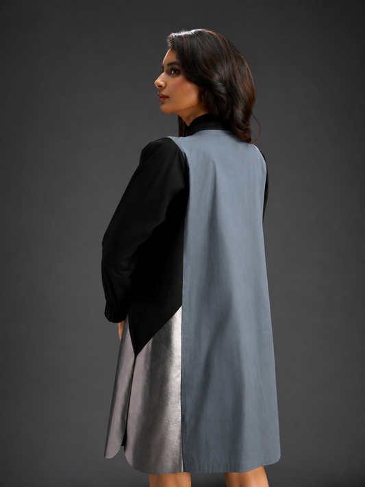 Colourblock Tunic Dress In Cool Grey And Black With Metallic Silver Side Panels
