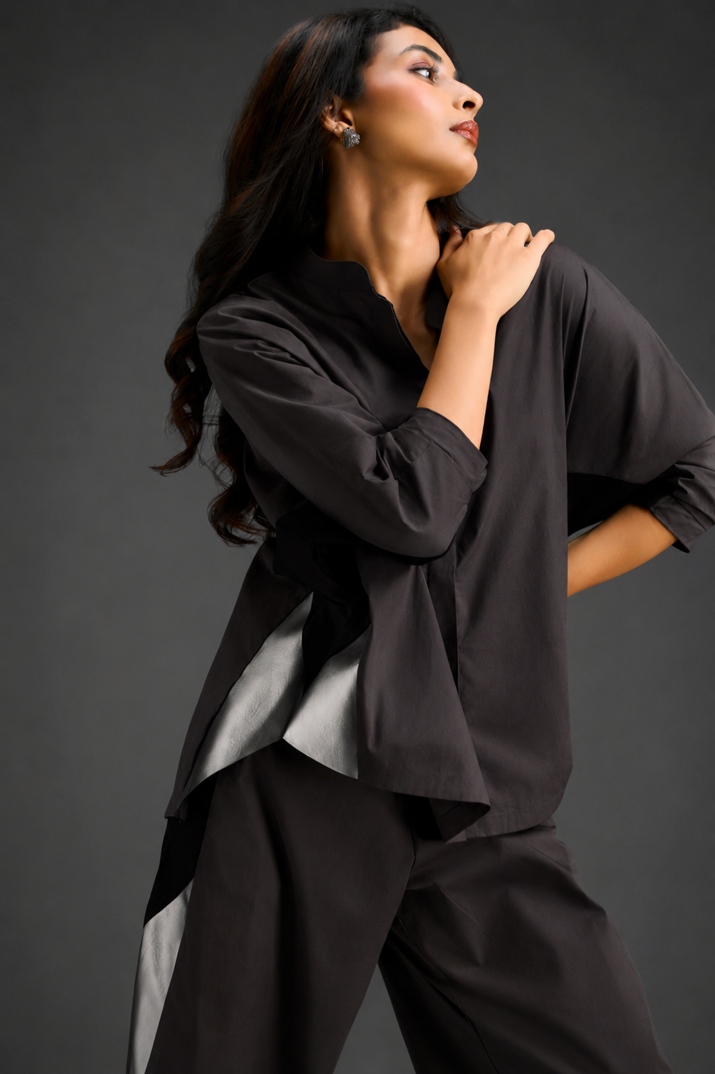 Relaxed Dark Brown Co-ord With Loose-fit Dramatic-sleeve Shirt And Wide-leg Pants With Metallic Side Panels.