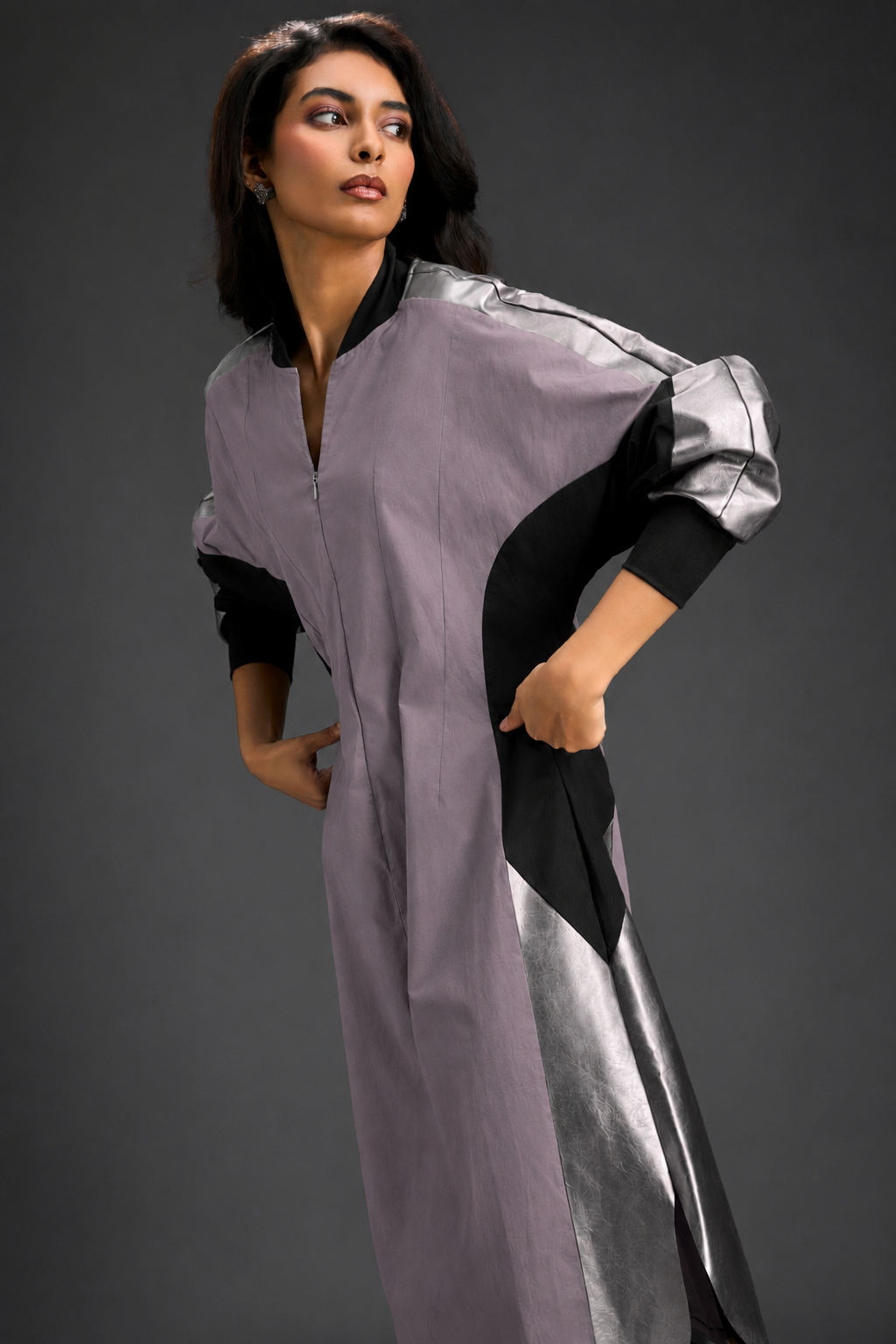 Statement Colourblock Midi Dress In Ash Pink With Contrast Metallic Silver Side Panels And Balloon Sleeves
