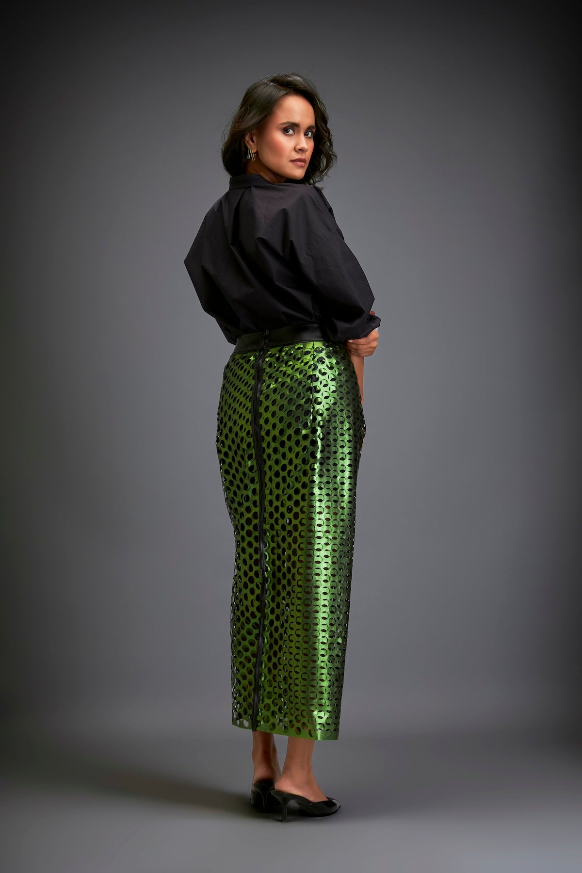 Metallic Skirt With Geometric Cutout Detailing