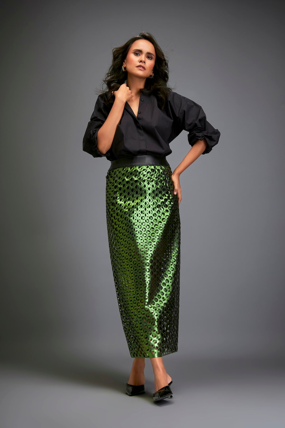Metallic Skirt With Geometric Cutout Detailing