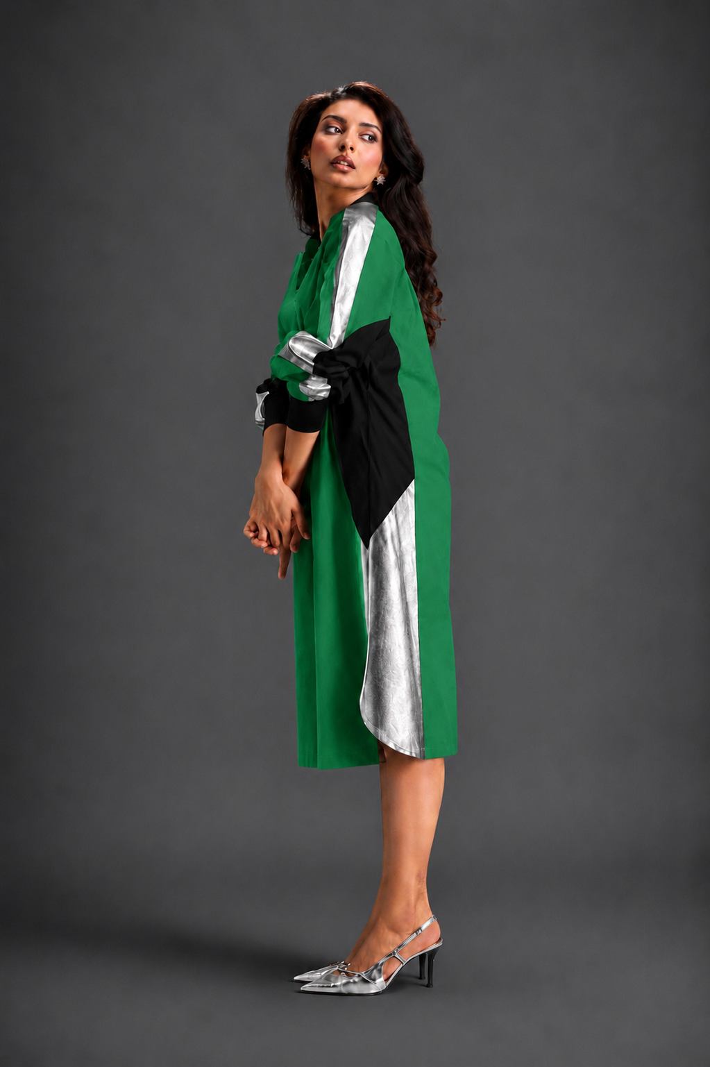 Statement Colourblock Midi Dress In Parrot Green With Contrast Metallic Silver Side Panels And Balloon Sleeves