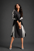 Load image into Gallery viewer, Statement Colourblock Midi Dress In Dark Brown With Contrast Metallic Silver Side Panels And Balloon Sleeves
